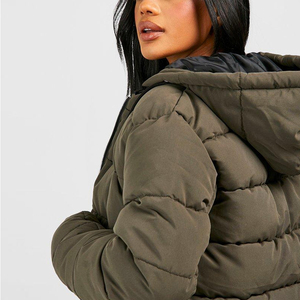 Women's Cropped <b>Quilted</b> Puffer Jacket Hooded Long Sleeve Winter Coat Solid Color <b>Thick</b> Polyester Outerwear - Product Image 5