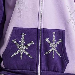 Sudadera con Capucha y Cremallera Unisex Morada con Estampado de Estrellas, Ropa Casual de Otoño, Corte Regular, Tejido de Poliéster, Larga, con Pedrería - Product Image 5