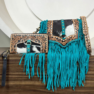 Nuevo conjunto de dos piezas de gran capacidad, cuero de vaca genuino, bolso de hombro con flecos para mujer y bolso de mano, conjuntos combinados para mujer - Product Image 4