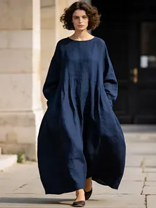 Robe maxi en coton jaune moutarde à manches longues, coupe ample, style bohème décontracté pour femmes avec poches - Product Image 4