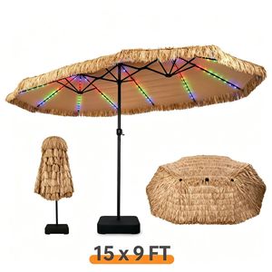 Ombrellone da Patio a LED Solare Bifacciale 15 x 9 FT con 144 LED, 12 Modalità, Ombrellone da Esterno in Paglia con Base Appesantita e Ricarica USB-C - Product Image 3