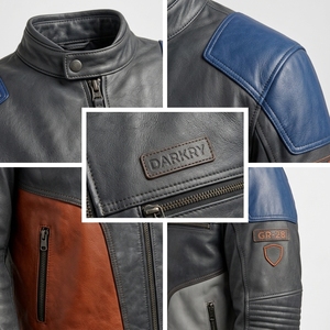 Chaqueta de cuero auténtico para hombre, color gris carbón, estilo motero, con paneles azules en los hombros y cuello alto. Proveedor mayorista OEM ODM personalizado. - Product Image 6
