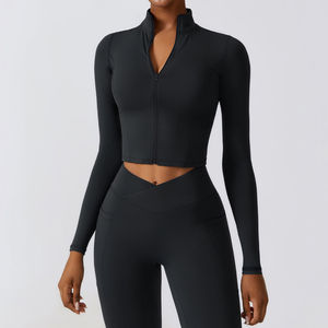 Women Solid Color Yoga Set High Waist Full Sleeve <b>Zipper</b> Crop <b>Top</b> Seamless Spandex Polyester Breathable Activewear 3-Piece - Product Image 3