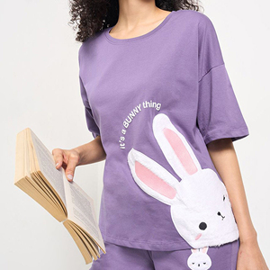 Womens Cotton <b>T</b> <b>Shirt</b> Cute Bunny <b>Rabbit</b> Chenille Patch Drop Shoulder Purple Tee Apparel Manufacturer - Product Image 5