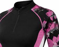 Haut de bain anti-UV à manches longues pour femme, imprimé floral noir et rose, en spandex et polyester respirant, écologique et à séchage rapide