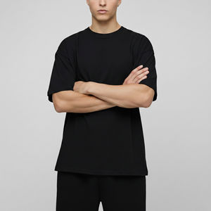 T-shirt Homme Coupe Ample Qualité Supérieure Coton Lourd 100% Coton Surdimensionné Noir Uni Logo Personnalisé Imprimé Hip Hop Respirant - Product Image 2