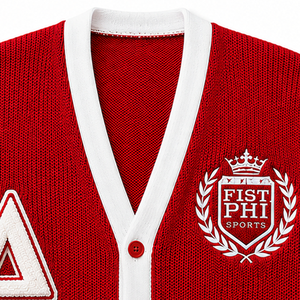 Cardigan rouge en tricot à col en V avec bordure blanche et lettres grecques brodées Delta Sigma pour femme, style preppy, manches longues - Product Image 2