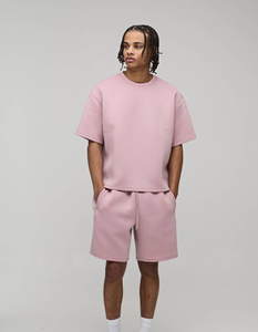 Cotton Fleece Sweat Shirt <b>Set</b> Crew Neck Solid Color Casual Summer Wear Short Sleeve Oversized Street Style Breathable For Men's - Product Image 5