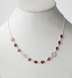 Imperial <b>Ruby</b> Bloom 925 Sterling Silver Handcrafted Station <b>Necklace</b> with Intricate Laser-Cut Silver Artistry - Product Image 1