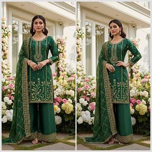 Green Silk Embroidered Traditional Indian Pakistani <b>Wedding</b> <b>Suit</b> <b>Women</b> Floor-Length Regular Fit Stretchable Ethnic Wear - Product Image 3