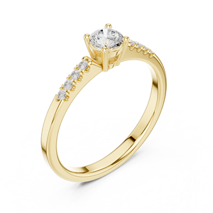 Bague de fiançailles en or jaune avec diamant de laboratoire, pierre centrale ronde, bande pavée de diamants, bijoux de mariage élégants et minimalistes - Product Image 1