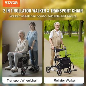 2-en-1 de aluminio ligero para la movilidad Walker Rollator Silla de transporte plegable para personas mayores Mango ajustable 300LBS Todo terreno - Product Image 2