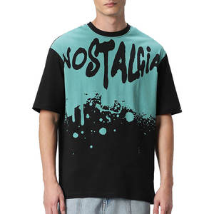 T-shirt Homme Oversize à Manches Courtes Col Rond Imprimé Nostalgia Streetwear en Coton Tricoté Coupe Droite Motif Noir et Teal - Product Image 2