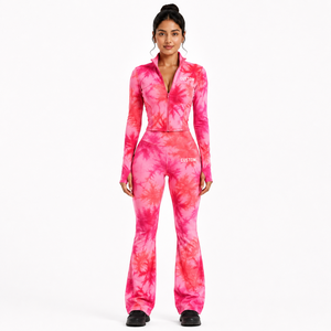 Custom Women Tie Dye Yoga Set Full Zip Long <b>Sleeve</b> <b>Crop</b> <b>Top</b> Stand Collar Jacket High Waist Flare Leggings Winter Activewear Suit - Product Image 1