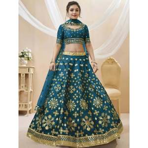Lehenga Choli de mariage en soie artisanale bleu irrésistible avec broderies Zari pour femmes - Product Image 4