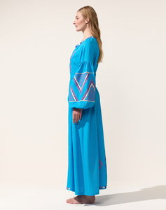 Women Turquoise Cotton Maxi Dress Geometric Embroidery <b>Balloon</b> Sleeve V Neck Tie Waist Boho Dress - Product Image 3