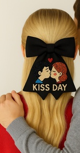 High-Quality Embroidery Classic <b>Black</b> Bow Base Great Gift Item Cute Teddy Bear Hair Bow Clip Bow with Red Bowtie Strong Clips - Product Image 2