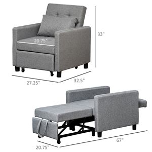 Grey Convertible Chair <b>Bed</b> Multi-Functional Adjustable Backrest Ottoman Extendable Foldable <b>Storage</b> Convertible <b>Sofa</b> <b>Bed</b> - Product Image 3