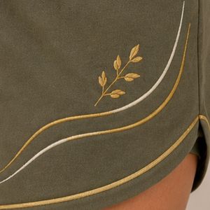 Olive Green Women Two Piece Shorts Set Square Neck Button <b>Top</b> Gold Leaf Embroidery Casual Summer Cotton Lounge Wear Pajama - Product Image 5