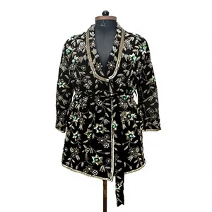Vintage Floral Embroidered Velvet Kimono Coat Women Winter Outwear High Quality Custom <b>Sequin</b> Embellished Wrap Blazer <b>Jacket</b> - Product Image 4