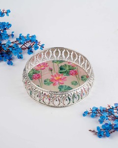Luxury Round Floral Metal Decorative Tray <b>Silver</b> Iron Vanity Tray Handmade Lotus Serving Tray <b>Coffee</b> <b>Table</b> Organizer Wedding Use - Product Image 1