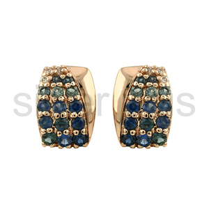 14K Gold Plated <b>Blue</b> Sapphire White Diamonds Pave <b>Stud</b> <b>Earrings</b> Multi Stone Cluster Fine Jewelry - Product Image 3