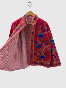 Veste en coton brodée à la main avec des motifs floraux, manches longues, col mandarin, taille plus, style Prairie Chic, vêtements d'hiver pour femmes - Product Image 4