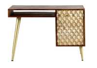Bureau d'écriture en bois massif de style moderne du milieu du siècle, avec tiroir sculpté en 3D et pieds en métal.