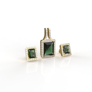 Conjunto de Joyería de Oro Amarillo con Esmeralda Verde y Halo de Diamantes, Estilo Lujoso para Uso Diario - Product Image 2