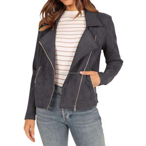 Vestes en daim gris style motard pour femmes avec fermeture éclair asymétrique col à revers manches longues recadrée Moto Fit Look vintage moderne - Product Image 3