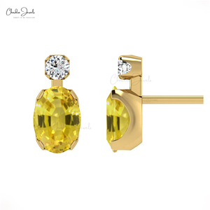 Nuevos Aretes de Zafiro Amarillo de 7x5mm con Engaste de Puntas y Diamantes en Oro Fino de 14k, Productos al por Mayor en Lotes - Product Image 3