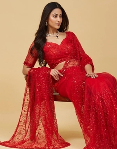 KV Embroidered Bollywood Net <b>Saree</b> (<b>Red</b>) - Product Image 4