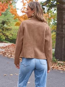 Chaqueta de Motociclista de Cuero PU Color Bronceado para Mujer, con Cierre de Cremallera, Cuello Redondo, Manga Larga, Estilo Otoñal - Product Image 5