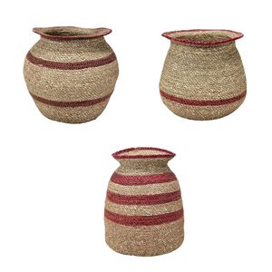 VERDANT URN Red Striped Woven Seagrass Simple Geometric Floor <b>Basket</b> <b>Handle</b> Eco-Friendly Multifunction Storage for Home Decor - Product Image 1