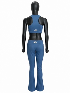 <b>Womens</b> Slate <b>Blue</b> Sports Bra Flare Pants Set Athletic Activewear Two Piece Gym Fitness Outfit High Waisted Flare <b>Legging</b> Workout - Product Image 4