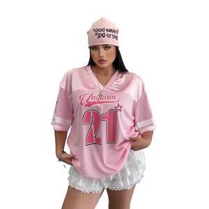 Jersey Deportivo Personalizado para Mujer, Color Rosa, Talla Grande, Malla Transpirable, Cuello en V, Estilo Urbano, Fabricación OEM al por Mayor - Product Image 1