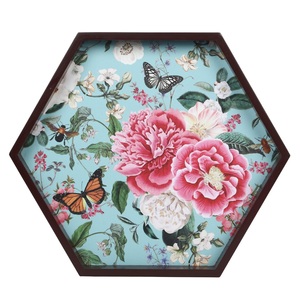 Bandeja de Servir Hexagonal Resistente, Plato Decorativo de Madera con Estampado Floral de Mariposas y Peonías para Pedidos al por Mayor - Product Image 5