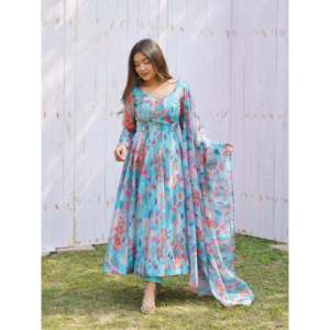 Hermoso Vestido Anarkali con Estampado Floral, Talla XS, para Fiesta, con Pantalón y Dupatta - Product Image 4