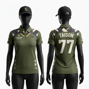 เสื้อกอล์ฟผู้หญิงพรีเมียม 180 GSM ผ้าโพลีเอสเตอร์ดูดซับความชื้น สีเขียวมะกอก แต่งแผงสีตัดกัน แบบสั่งทำพิเศษด้วยเทคนิคการระเหิดสีด้วยความร้อน - Product Image 1