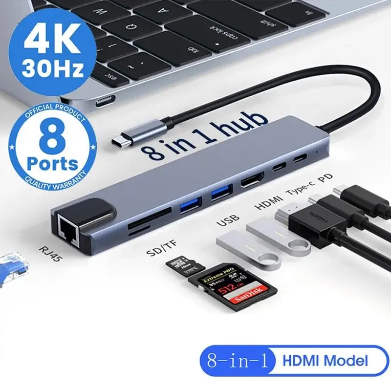 8in1 USB C HUBประเภทC Splitter 4K Thunderbolt 3 สถานีเชื่อมต่อแล็ปท็อปอะแดปเตอร์สําหรับMacbook Air M1 iPad Pro RJ45 HDMIคอมพิวเตอร์