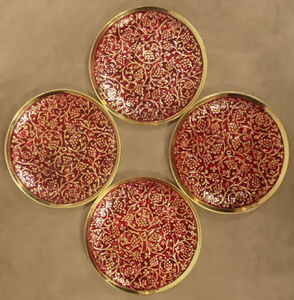 Ensemble de sous-verres ronds en laiton finition antique, ornés de motifs détaillés de feuilles de palmier tropicales gravées, disponibles à prix de gros. - Product Image 4