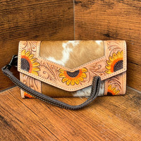 Nouveau Design Arrivée Couleur Fourrure En Cuir Tournesol Embrayages Outillé À La Main Sculpté Portefeuille Femmes Unique Conçu Embrayages En Cuir