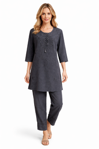 Conjunto de Dos Piezas de Viscosa Bordada para Mujer, Top y Pantalones Casuales de Cuello Redondo, Fabricante - Product Image 4