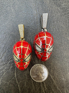 Spider Man <b>Mask</b> Pendant Gold Plated Red Enamel Rhinestone <b>Eyes</b> Themed Charm Unisex Hiphop Fashion Jewelry - Product Image 1