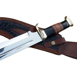Cuchillo Bowie Hecho a Mano con Hoja Curva de Acero Plateado, Mango Negro Marrón, Guardacuchillo de Latón y Funda de Cuero, Personalizado para Caza y Actividades al Aire Libre - Product Image 6