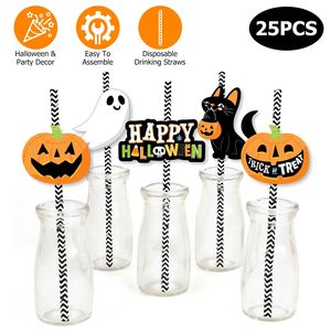 25 piezas de pajitas decorativas desechables a rayas para Halloween, pajitas de papel para decoración de fiestas de Halloween - Product Image 1