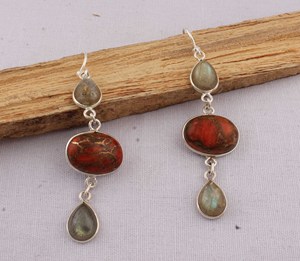 Pendientes de Labradorita Naranja Natural con Cobre, Plata de Ley 925, Engaste de Bisel, Gema con Brillo de Atardecer, Estilo Vintage - Product Image 4