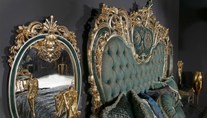 Ensemble de chambre à coucher de luxe en bois de teck massif vert émeraude, style mi-siècle, adapté aux appartements, avec sculptures dorées royales, lit Queen/California - Product Image 3