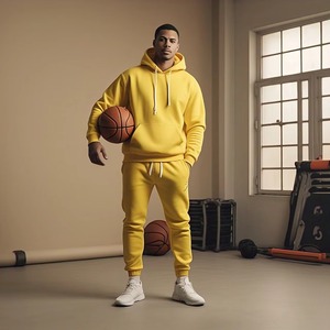 Men's Yellow Hooded <b>Tracksuit</b> Full Sleeve Solid Color Sweatshirt And Pants Set Breathable Cotton Autumn Casual Wear - Product Image 6