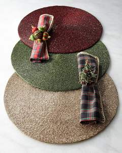 Mantel Individual para Comedor, Resistente al Calor, con Cuentas de Vidrio, Redondo, Patrón Brillante en Rojo, Verde y Dorado, Hecho a Mano - Product Image 1